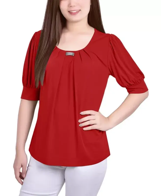 Women's Short Balloon Sleeve Top with Hardware - Lava - NY COLLECTION