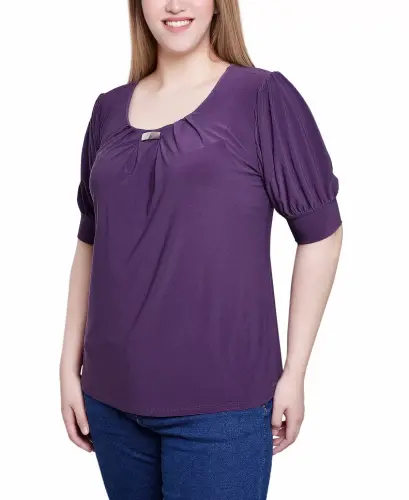 Women's Short Balloon Sleeve Top with Hardware - Nightshade - 3