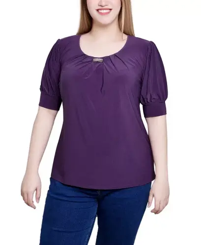 Women's Short Balloon Sleeve Top with Hardware - Nightshade 