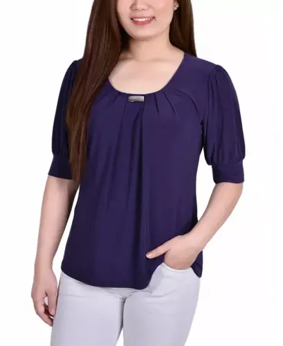 Women's Short Balloon Sleeve Top with Hardware - Purple 