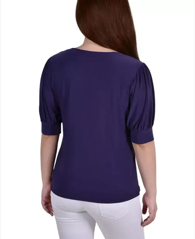 Women's Short Balloon Sleeve Top with Hardware - Purple - 2
