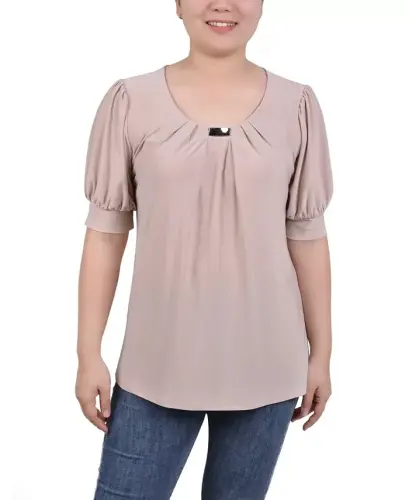 Women's Short Balloon Sleeve Top with Hardware - Oxford Tan 