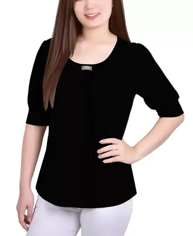 Women's Short Balloon Sleeve Top with Hardware - Black - 1