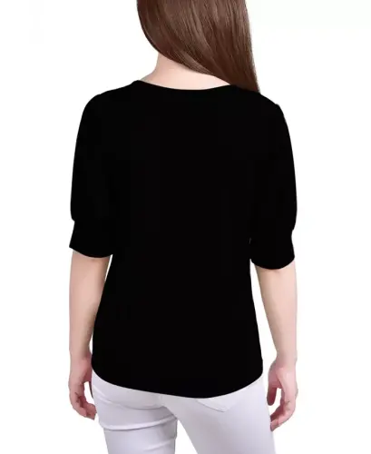 Women's Short Balloon Sleeve Top with Hardware - Black - 2