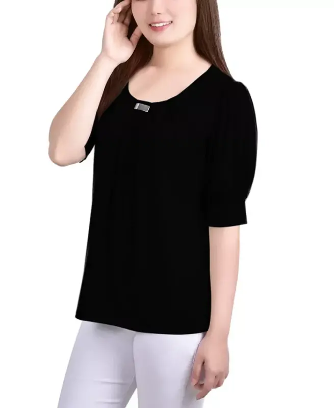 Women's Short Balloon Sleeve Top with Hardware - Black - 3