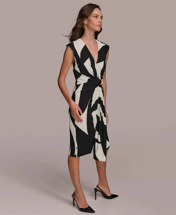 Donna Karan Women's Printed Gathered Sleeveless Midi Dress Black Cream - 3