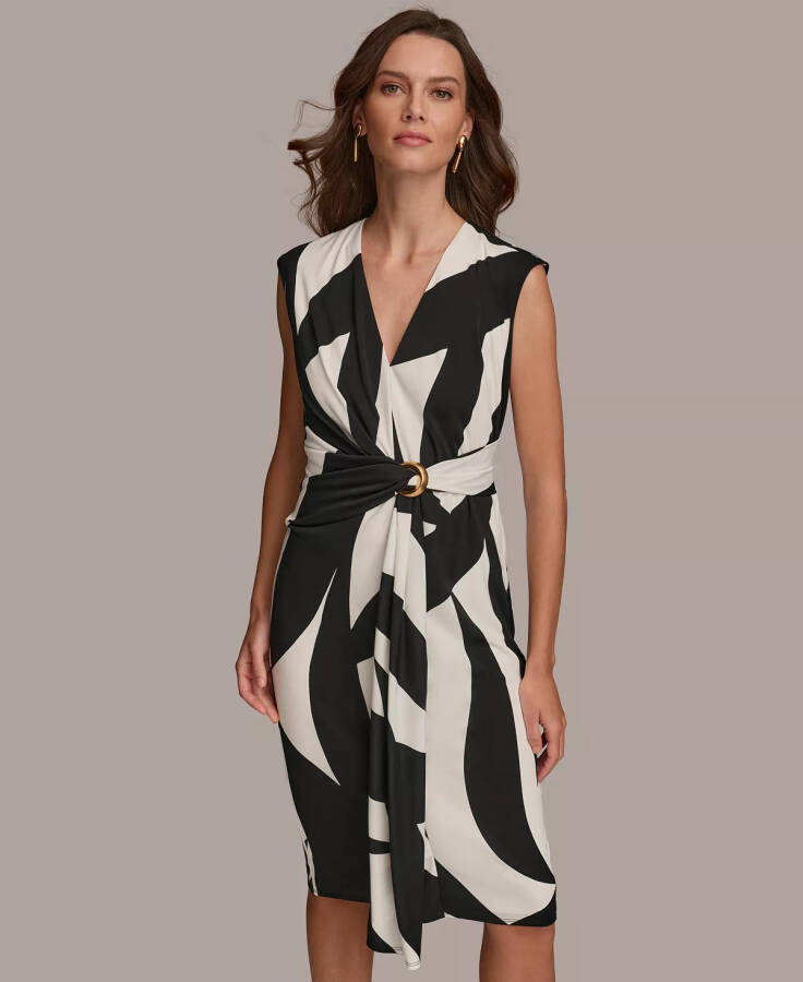 Donna Karan Women's Printed Gathered Sleeveless Midi Dress Black Cream - 4