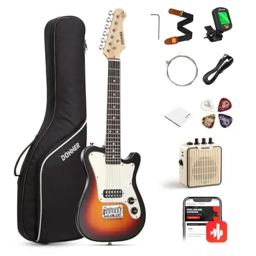 Donner 30 Inch Kids Electric Guitar Beginner Kit TL Style Mini Electric Guitar for Kids with Amp, 600D Bag, Tuner, Picks, Cable, Strap and Extra Strings, DTJ-100S, Sunburst - DONNER