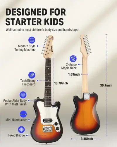 Donner 30 Inch Kids Electric Guitar Beginner Kit TL Style Mini Electric Guitar for Kids with Amp, 600D Bag, Tuner, Picks, Cable, Strap and Extra Strings, DTJ-100S, Sunburst - DONNER (1)