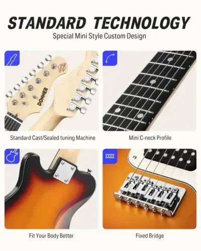 Donner 30 Inch Kids Electric Guitar Beginner Kit TL Style Mini Electric Guitar for Kids with Amp, 600D Bag, Tuner, Picks, Cable, Strap and Extra Strings, DTJ-100S, Sunburst - 4