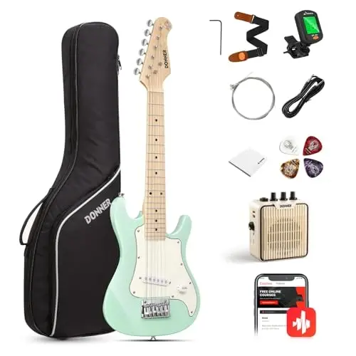 Donner 30 Inch Kids Electric Guitar Beginner Kits ST Style Mini Electric Guitar for Boys Girls with Amp, 600D Bag, Tuner, Picks, Cable, Strap, Extra Strings, DSJ-100, Green - 1