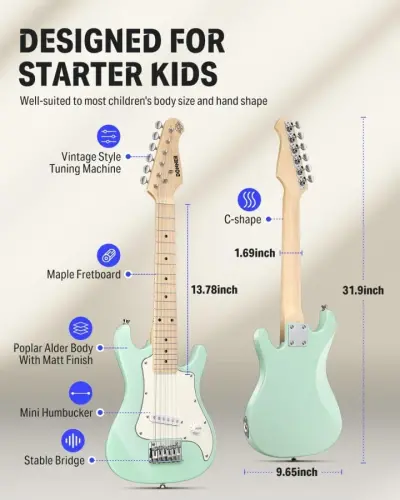 Donner 30 Inch Kids Electric Guitar Beginner Kits ST Style Mini Electric Guitar for Boys Girls with Amp, 600D Bag, Tuner, Picks, Cable, Strap, Extra Strings, DSJ-100, Green - 4