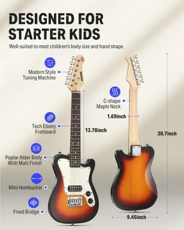 Donner 30 Inch Kids Electric Guitar Beginner Kit TL Style Mini Electric Guitar for Kids with Amp, 600D Bag, Tuner, Picks, Cable, Strap and Extra Strings, DTJ-100S, Sunburst - 2