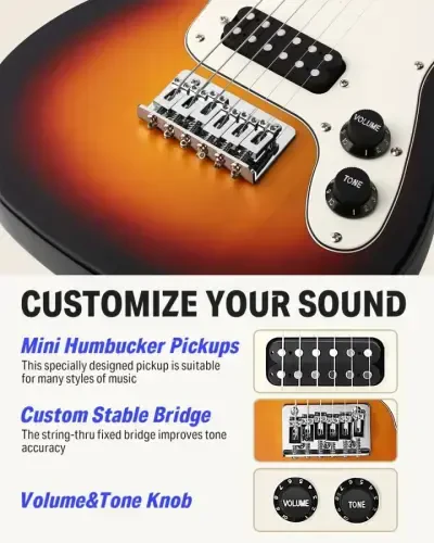 Donner 30 Inch Kids Electric Guitar Beginner Kit TL Style Mini Electric Guitar for Kids with Amp, 600D Bag, Tuner, Picks, Cable, Strap and Extra Strings, DTJ-100S, Sunburst - 3