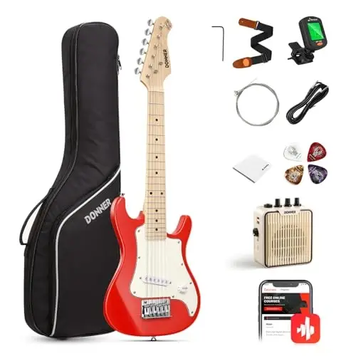 Donner 30 Inch Kids Electric Guitar Beginner Kits ST Style Mini Electric Guitar for Boys Girls with Amp, 600D Bag, Tuner, Picks, Cable, Strap, Extra Strings, DSJ-100, Red 