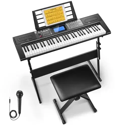 Donner 61 Key Keyboard Piano, Electric Piano Keyboard Kit with 249 Voices, 249 RhytModazones - Includes Piano Stand, Stool, Microphone, Gift for Beginners, Black (DEK-610S) 