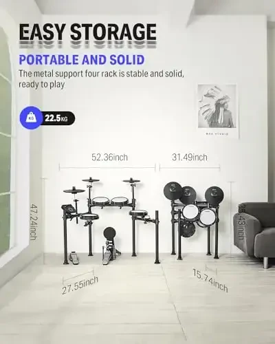 Donner DED-200 Electric Drum Sets with Quiet Mesh Drum Pads, 2 Cymbals w/Choke, 31 Kits and 450+ Sounds, Throne, Headphones, Sticks, USB MIDI, Melodics Lessons (5 Pads, 3 Cymbals) - 5
