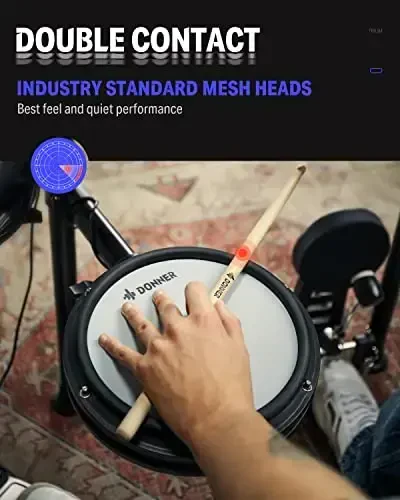 Donner DED-200 Elektr Baraban To'plami, Jim Mesh Baraban Padlari, 2 Bo'g'iq Simbal, 31 To'plam va 450+ Tovush, Taxta, Quloqchinlar, tayoqchalar, USB MIDI, Melodics Darslari (5 Pad, 3 Simbal) - MODAZONE (1)