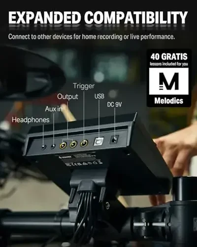 Donner DED-200X Электронная ударная установка, Электрическая ударная установка с бесшумными сетчатыми драм-пэдами, 2 тарелки с чоком, 31 комплект и 450+ звуков, трон, наушники, палочки, USB MIDI, уроки мелодики (5 пэдов, 4 тарелки) - 3