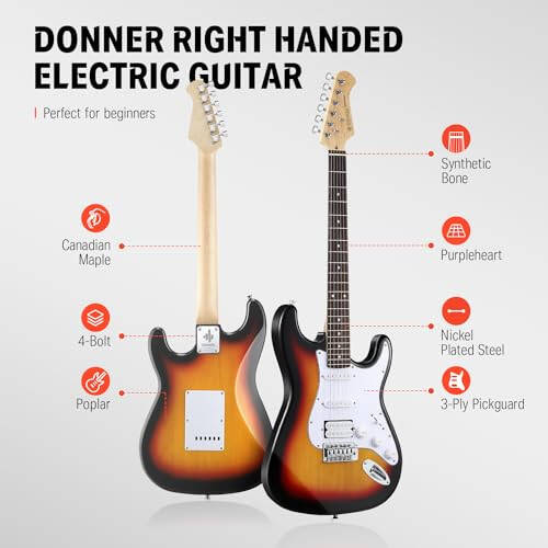 Donner DST-100S 39 Дюймлик To‘liq O‘lchamdagi Elektr Gitara To‘plami, Yangi Boshlanuvchilar Uchun Qattiq Tana, Sunburst, Kuchaytirgich, Sumka, Kapo, Tasma, Torlar, Tyuner, Kabel, Qaymoqlar - 3