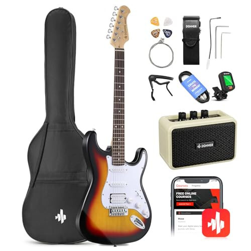 Donner DST-100S 39 Parça Tam Boy Elektrik Gitar Seti Sunburst, Başlangıç Paketi, Amfi, Çanta, Capo, Kayış, Teller, Tuner, Kablo, Teller - 1