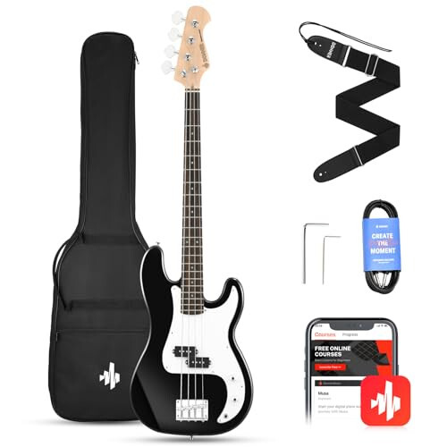 Donner Electric Bass Guitar 4 Strings Full-Size Standard Bass PB-Style Beginner Kit Black for Starter with Free Online Lesson Gig Bag Guitar Strap and Guitar Cable, DPB-510D - 1