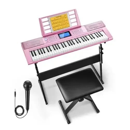 Donner Keyboard Piano 61 Key, Electric Keyboard Kit with 249 Voices, 249 RhytModazones - Includes Piano Stand, Stool, Microphone, Gift for Beginners, Pink(DEK-610S) - 1