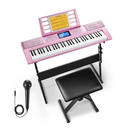 Donner Keyboard Piano 61 Key, Electric Keyboard Kit with 249 Voices, 249 RhytModazones - Includes Piano Stand, Stool, Microphone, Gift for Beginners, Pink(DEK-610S) - 1