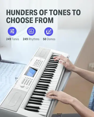 Donner Keyboard Piano 61 Key, Electric Keyboard Kit with 249 Voices, 249 RhytModazones - Includes Piano Stand, Stool, Microphone, Gift for Beginners, White(DEK-610S) - 2