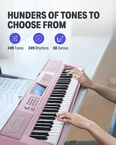 Donner Keyboard Piano 61 Key, Electric Keyboard Kit with 249 Voices, 249 RhytModazones - Includes Piano Stand, Stool, Microphone, Gift for Beginners, Pink(DEK-610S) - 2