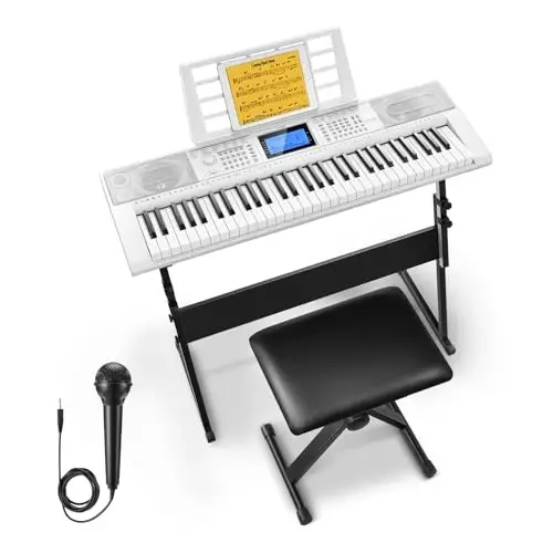 Donner Keyboard Piano 61 Key, Electric Keyboard Kit with 249 Voices, 249 RhytModazones - Includes Piano Stand, Stool, Microphone, Gift for Beginners, White(DEK-610S) 