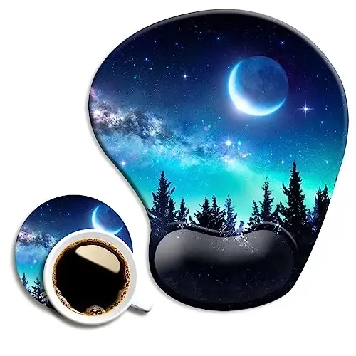 DOOKE Ergonomic Mouse Pad with Wrist Support and Coaster,Mouse Pads with Non-Slip PU Base for Home Office Working Studying Easy Typing & Pain Relief Night Forest 