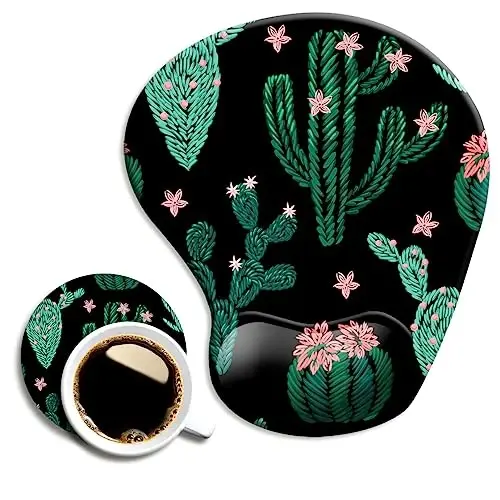 DOOKE Ergonomic Mouse Pad with Wrist Support and Coaster,Mouse Pads with Non-Slip PU Base for Home Office Working Studying Easy Typing & Pain Relief Cute Cactus 