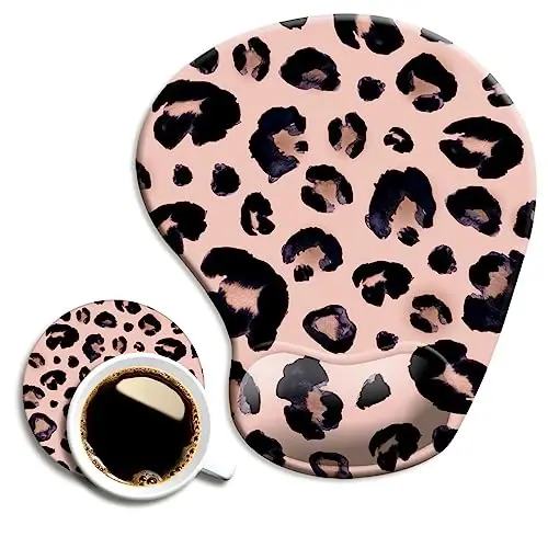 DOOKE Ergonomic Mouse Pad with Wrist Support and Coaster,Mouse Pads with Non-Slip PU Base for Home Office Working Studying Easy Typing & Pain Relief Leopard 