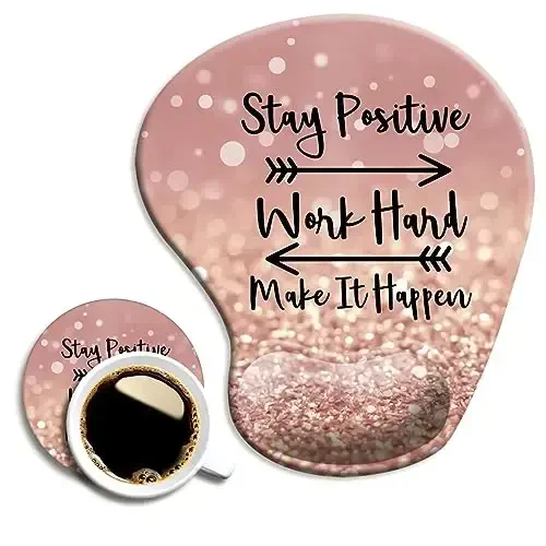 DOOKE Ergonomic Mouse Pad with Wrist Support and Coaster,Mouse Pads with Non-Slip PU Base for Home Office Working Studying Easy Typing & Pain Relief Stay Positive 