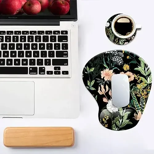 Dooke Ergonomic Mouse Pad with Wrist Support, Cute Mouse Pads with Non-Slip PU Base for Home Office Working Studying Easy Typing & Pain Relief Black Floral - 7
