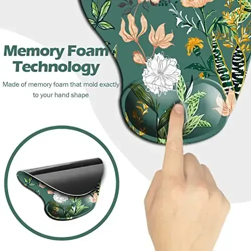 Dooke Ergonomic Mouse Pad with Wrist Support, Cute Mouse Pads with Non-Slip PU Base for Home Office Working Studying Easy Typing & Pain Relief Dark Green Floral - 5