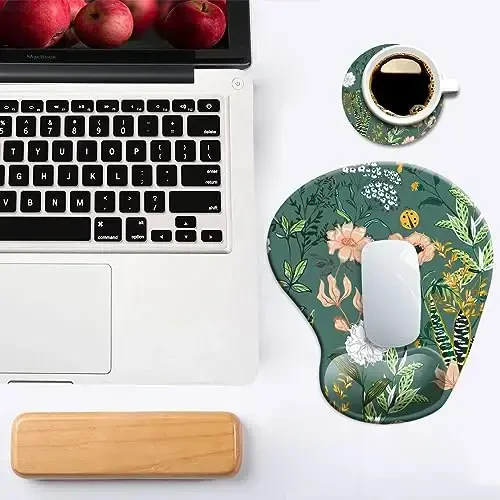 Dooke Ergonomic Mouse Pad with Wrist Support, Cute Mouse Pads with Non-Slip PU Base for Home Office Working Studying Easy Typing & Pain Relief Dark Green Floral - 7