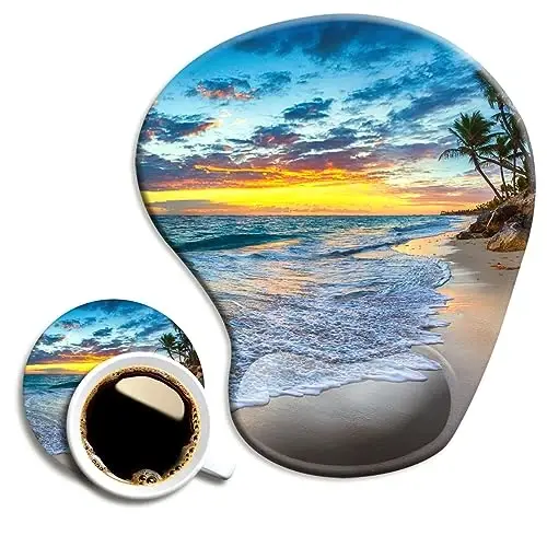 DOOKE Ergonomic Mouse Pad with Wrist Support and Coaster,Mouse Pads with Non-Slip PU Base for Home Office Working Studying Easy Typing & Pain Relief Natural Beach - 1