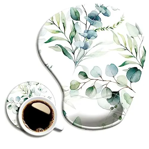 DOOKE Ergonomic Mouse Pad with Wrist Support and Coaster,Mouse Pads with Non-Slip PU Base for Home Office Working Studying Easy Typing & Pain Relief Eucalyptus Leaves - 1