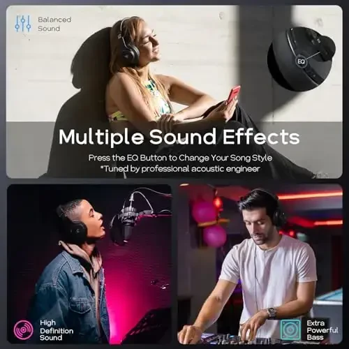 DOQAUS Bluetooth Headphones Over Ear Wireless Headphone, 90H Playtime and 3EQ Modes with Mic, HiFi Stereo Sound, Deep Bass, Memory Foam Cups, for Phone PC Travel Home Office - 3