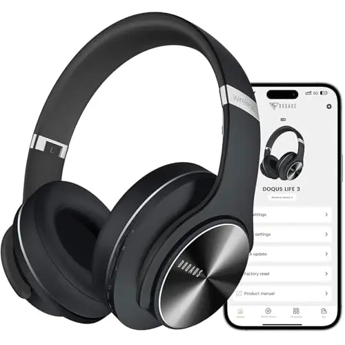 DOQAUS Bluetooth Headphones Over Ear, 90H Playtime Wireless Headphones with App Control, 9 EQ, Deep Bass, HiFi Stereo Sound, Headset for Travel Commute Gym and Study, Foldable Memory Foam - DOQAUS