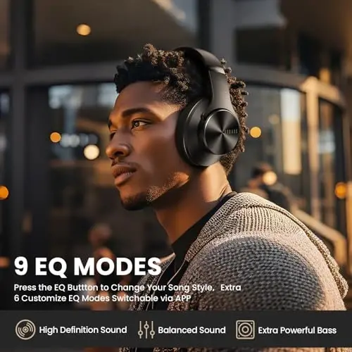 DOQAUS Bluetooth Headphones Over Ear, 90H Playtime Wireless Headphones with App Control, 9 EQ, Deep Bass, HiFi Stereo Sound, Headset for Travel Commute Gym and Study, Foldable Memory Foam - 4