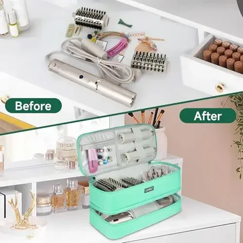 Дорожная сумка для переноски, совместимая с Shark Flexstyle/FlexFusion/феном, двухслойная сумка для хранения горячих инструментов для волос, подходит для Dyson Airwrap Styler/фена Supersonic и насадок, мятно-зеленый - 5