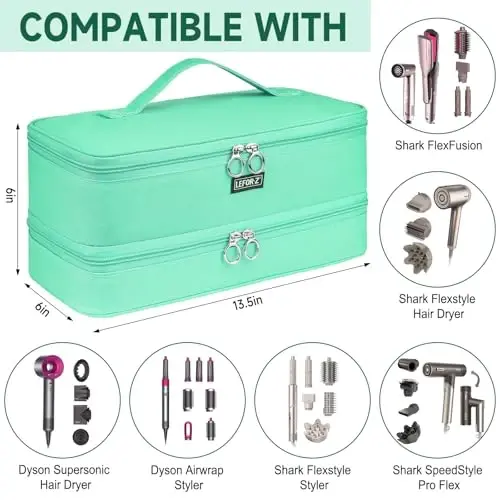 Дорожная сумка для переноски, совместимая с Shark Flexstyle/FlexFusion/феном, двухслойная сумка для хранения горячих инструментов для волос, подходит для Dyson Airwrap Styler/фена Supersonic и насадок, мятно-зеленый - TRAVEL (1)