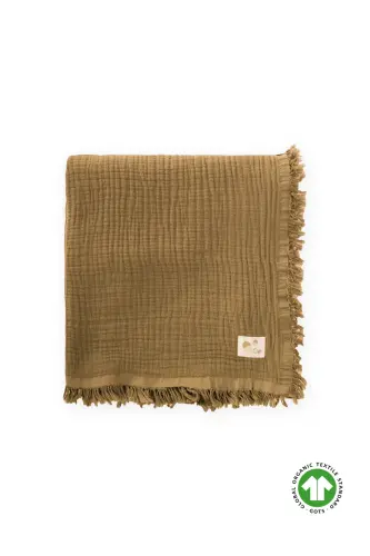 Dört Kat Püsküllü Organic Müslin Battaniye 80X120 Cm Hardal Sarı - HARDAL SARI 