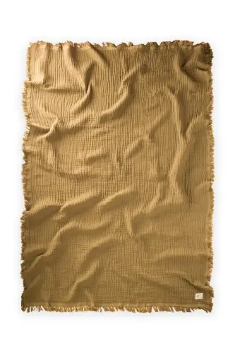 Dört Kat Püsküllü Organic Müslin Battaniye 80X120 Cm Hardal Sarı - HARDAL SARI - CIGIT (1)