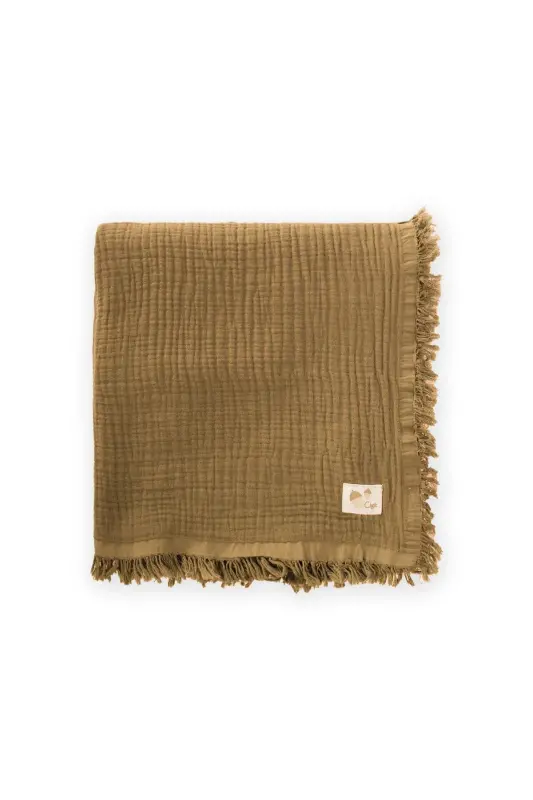 Dört Kat Püsküllü Organic Müslin Battaniye 80X120 Cm Hardal Sarı - HARDAL SARI - CIGIT