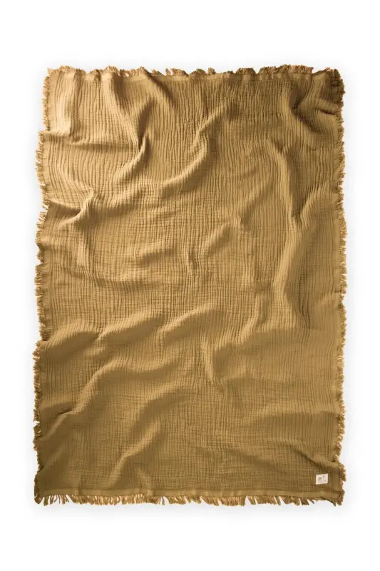 Dört Kat Püsküllü Organic Müslin Battaniye 80X120 Cm Hardal Sarı - HARDAL SARI - 2