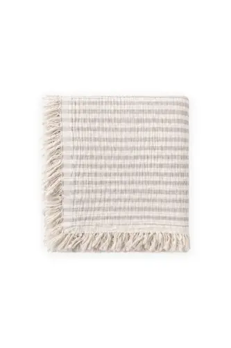 Dört Kat Müslin Püsküllü Battaniye 80X120 Cm Vizon Çizgili - VİZON ÇİZGİLİ - 1